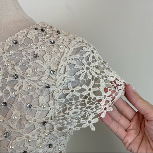 Snidel Pearl Rhinestone Cream Floral Lace Dress Women Medium - Picture 4 of 7